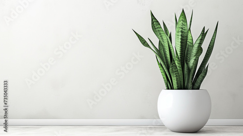 A snake plant in a modern white ceramic pot or vase in front of the white or gray wall background with natural sun light. minimalist interior houseplant. Copy space. Sansevieria plant.  photo