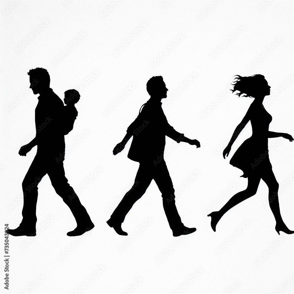 black silhouette of a man goes in one direction, a black silhouette of a woman goes in the other direction, a silhouette of a child in the middle