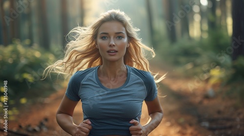 Healthy lifestyle, sporty woman running early in the forest area, healthy fitness concept.