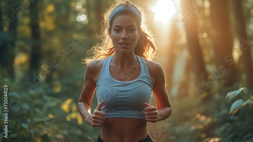 Healthy lifestyle, sporty woman running early in the forest area, healthy fitness concept.