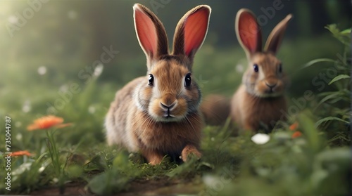 Two cute rabbits in the meadow with flowers. Easter concept. © AGORA