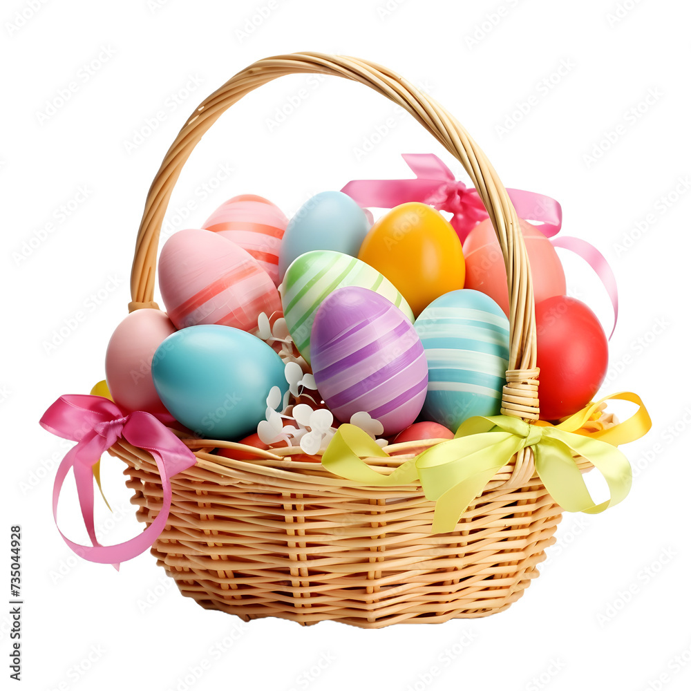 Colorful Easter eggs in a basket on a transparent background