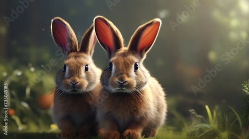 Two easter bunnies sitting on green grass in the forest © AGORA