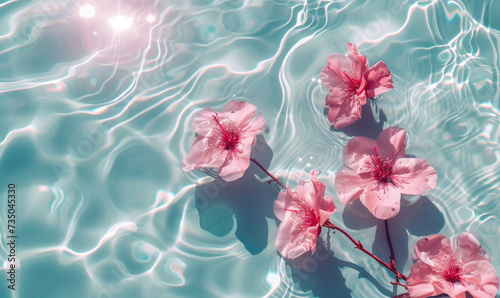 Water background. Pink aqua texture, surface of ripples, transparent, flower, shadows and sunlight. Spa and cosmetic concept background. Flat lay, top view, copy space