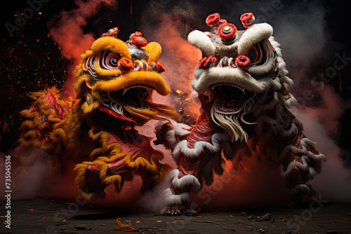 
dragon and lion dance show in chinese new year festival photo