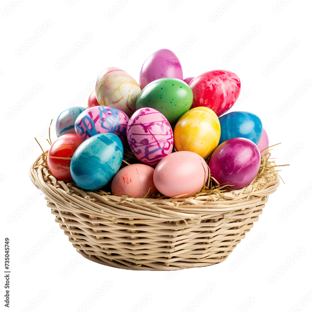 Colorful Easter eggs in a basket on a transparent background
