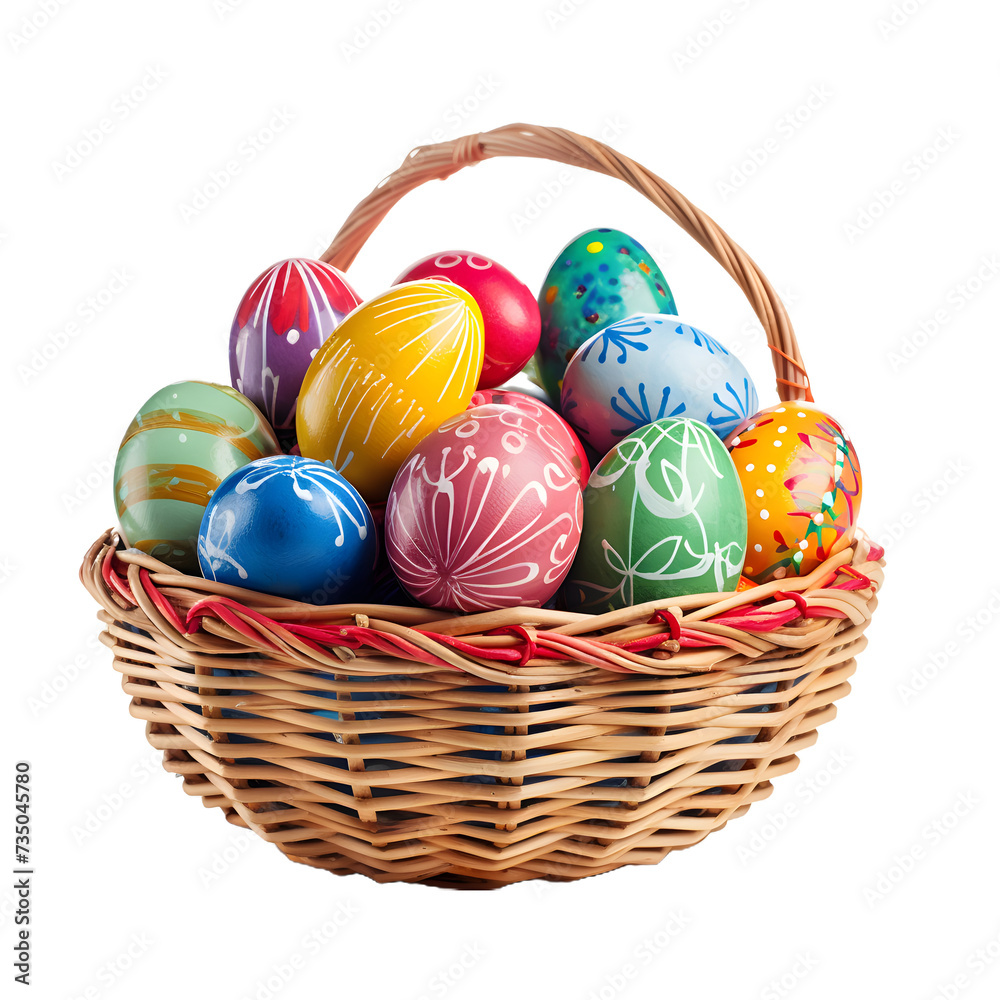 Colorful Easter eggs in a basket on a transparent background