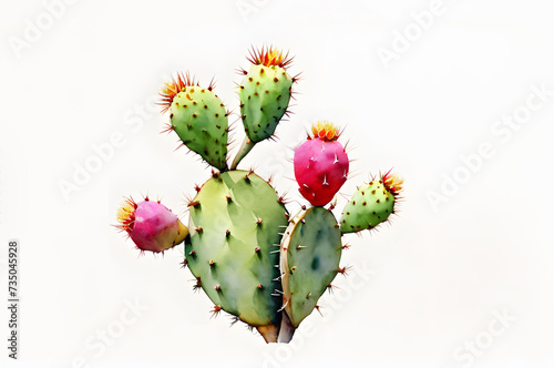 Watercolor cactuses with flowers. Opuntia on white background. Illustration for design, print, fabric or background