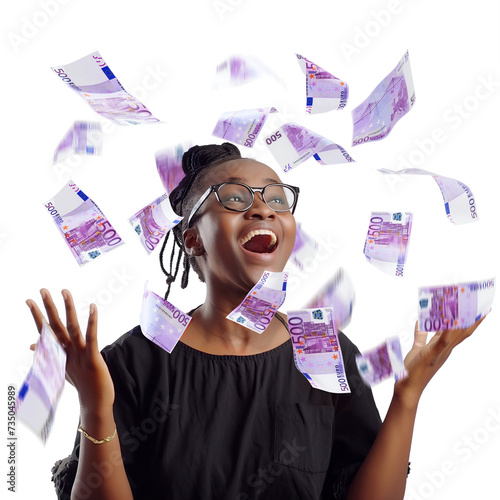 Euro notes raining on black African woman with braids excited looking up with hands in the air over transparent background photo