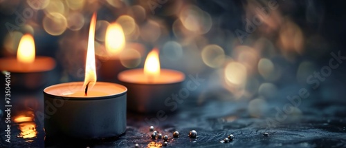 Closeup of three burning candles with copy space