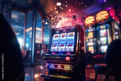 
hyperrealistic slot machine in a casino hitting jackpot photo