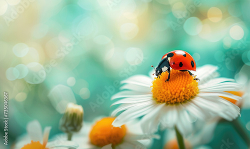 Ladybug on the chamomiles flower  spring background