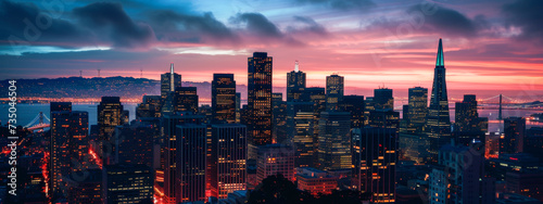 San Francisco skyline during sunset with city lights.
