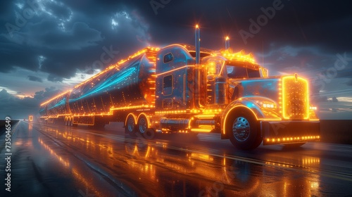 Commercial vehicle with neon lights on tires driving on wet asphalt