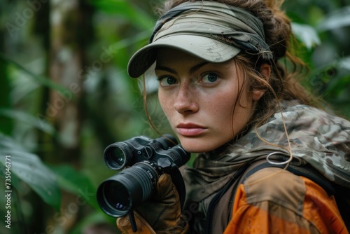A female biologist in a rainforest attentively peers through binoculars, her expression intense and concentrated on the wilderness. © P