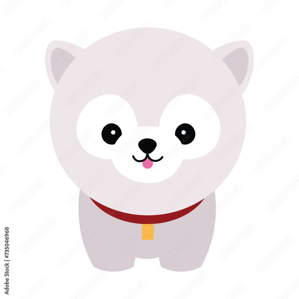 Fototapeta premium Cute dog vector portrait. Cartoon cutie dog or puppy character design with flat color. Funny pet animal isolated on white background. Brown, white, gray, small, little kids toy. Stickers, wall art