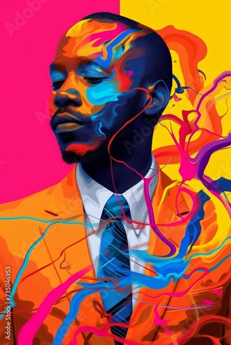 Fashionable black man wearing sunglasses and tie. Vibrant paint colours