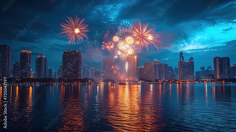 Fototapeta premium Fireworks over the city at night