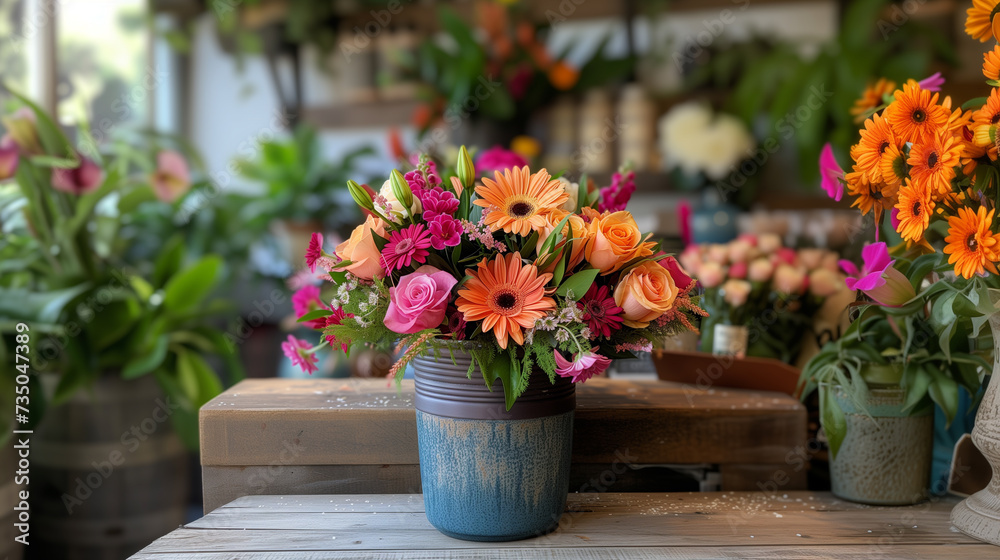 A charming rustic pot overflows with a lively arrangement of orange gerberas, pink roses, and complementary flowers at a cozy flower shop.
