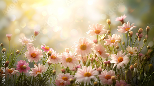 Gentle sunlight kisses a field of daisy flowers, highlighting their delicate pink petals and creating a radiant, joyful scene.