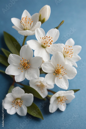 Bouquet of jasmine flowers on blue background, closeup