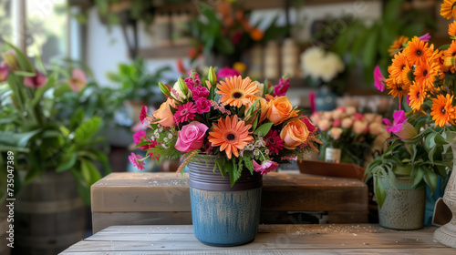 A charming rustic pot overflows with a lively arrangement of orange gerberas, pink roses, and complementary flowers at a cozy flower shop. © NaphakStudio