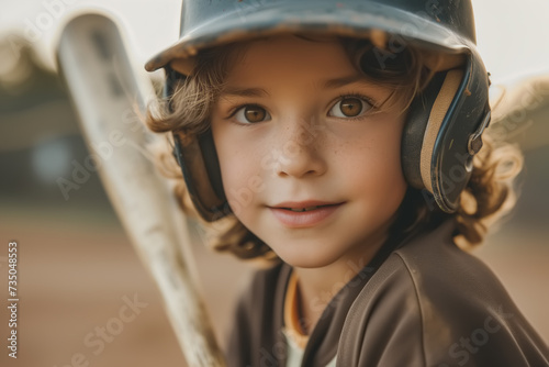Portrait young boy at a baseball game wearing a helmet and holding a bat photo