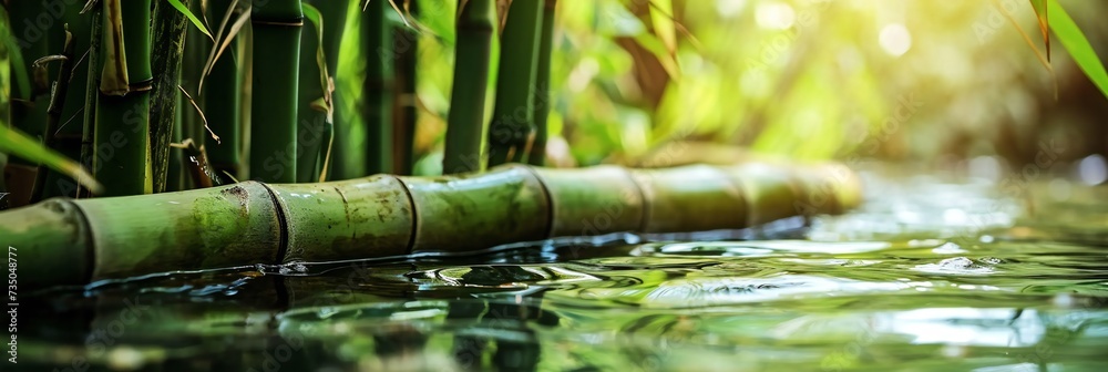 thick bamboo stems sway gently in a river. - obrazy, fototapety, plakaty 