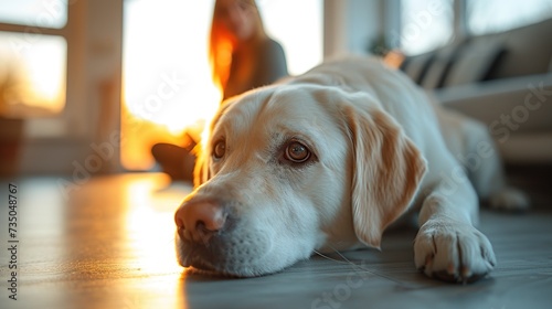 Front view of a white Labrador dog lying on the floor in a cozy, sunny home.