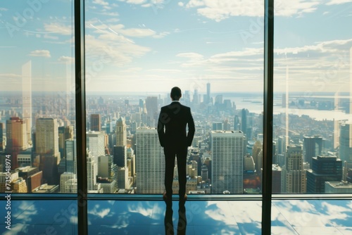 a confident CEO overlooking the city skyline from a high-rise office