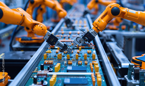 Advanced High Precision Robot Arms on Fully Automated PCB Assembly Line Inside Modern Electronics Factory. Electronic Devices Production Industry. Component Installation on Circuit Board