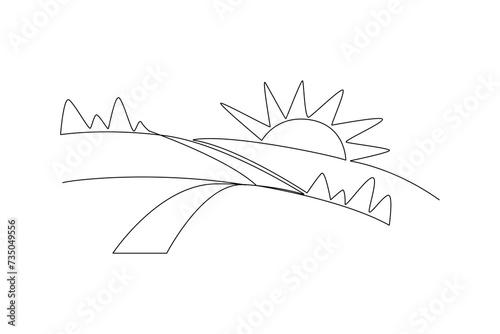 One continuous line drawing of Landscape with green grass, trees, sky horizon and Mountains. Nature concept. Doodle vector illustration in simple linear style.