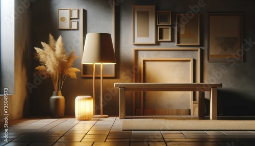 interior design wooden bench table lamp yellow light frame on wall