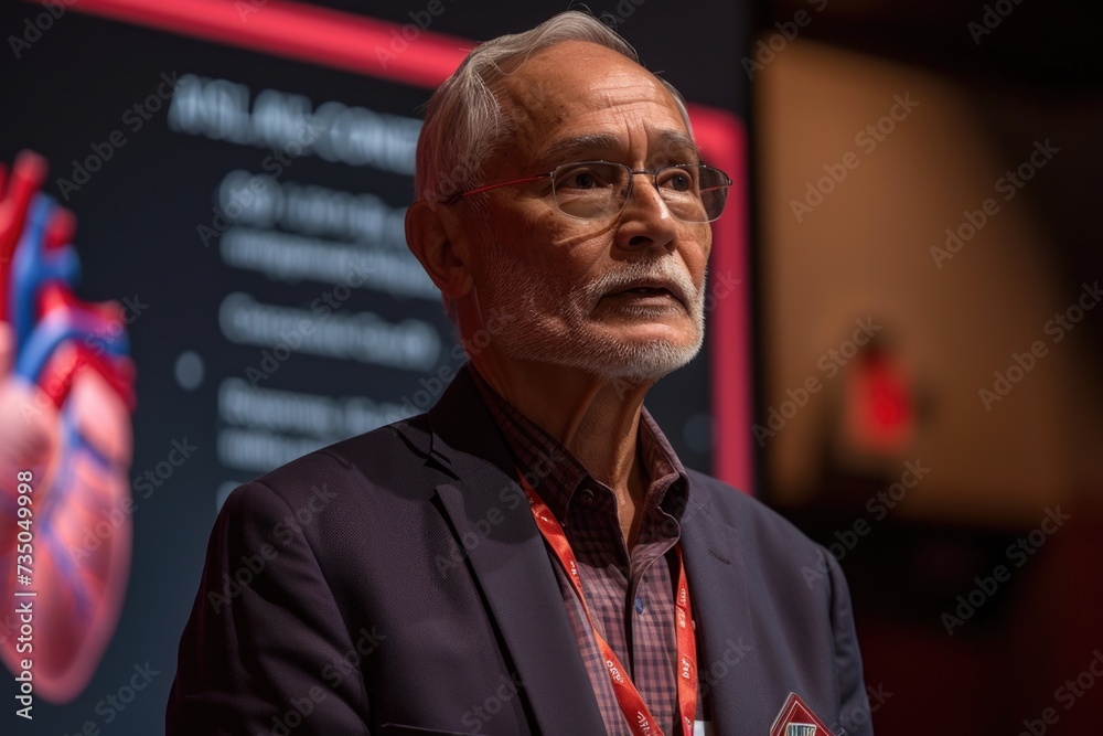 A senior cardiologist presents at a conference, his intense focus and the detailed cardiac diagrams behind him reflecting his expertise in heart health. A senior cardiologist presents at a conference, his intense focus and the detailed cardiac diagrams behind him reflecting his expertise in heart health.