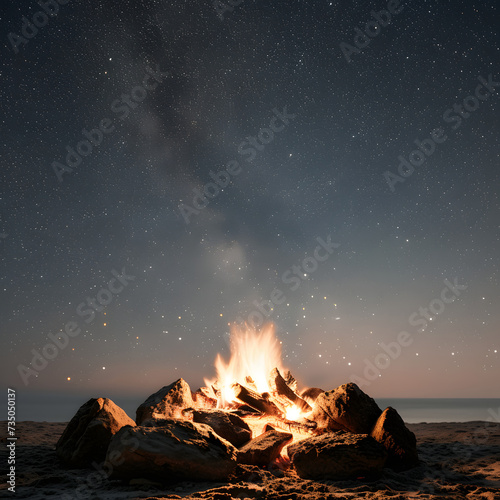 Campfire under the starry sky isolated on white background, space for captions, png 