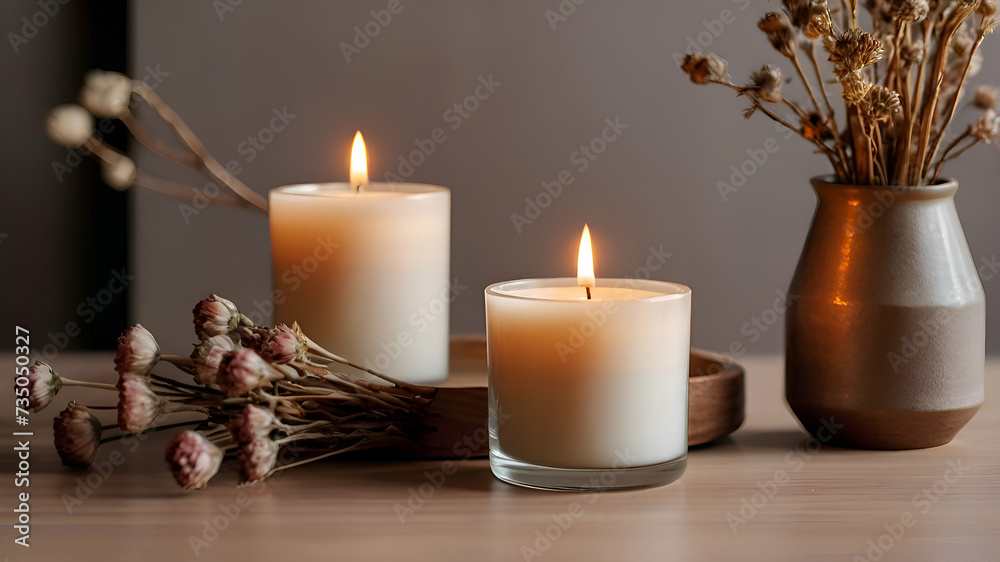 Aroma candle on the table. Warm aesthetic composition with dry flowers. Cozy home comfort, relaxation and wellness concept. Interior decoration mockup Aroma candle on the table. Warm aesthetic composition with dry flowers. Cozy home comfort, relaxation and wellness concept. Interior decoration mockup