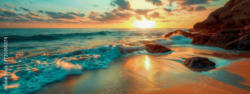 Sunset casting golden light over ocean waves and rocky shore. 