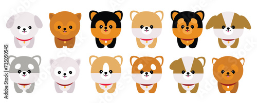 Cute dogs doodle vector set. Cartoon cutie dog or puppy characters design collection with flat color in different poses. Set of funny pet animals isolated on white background. Brown,black,white,gray
