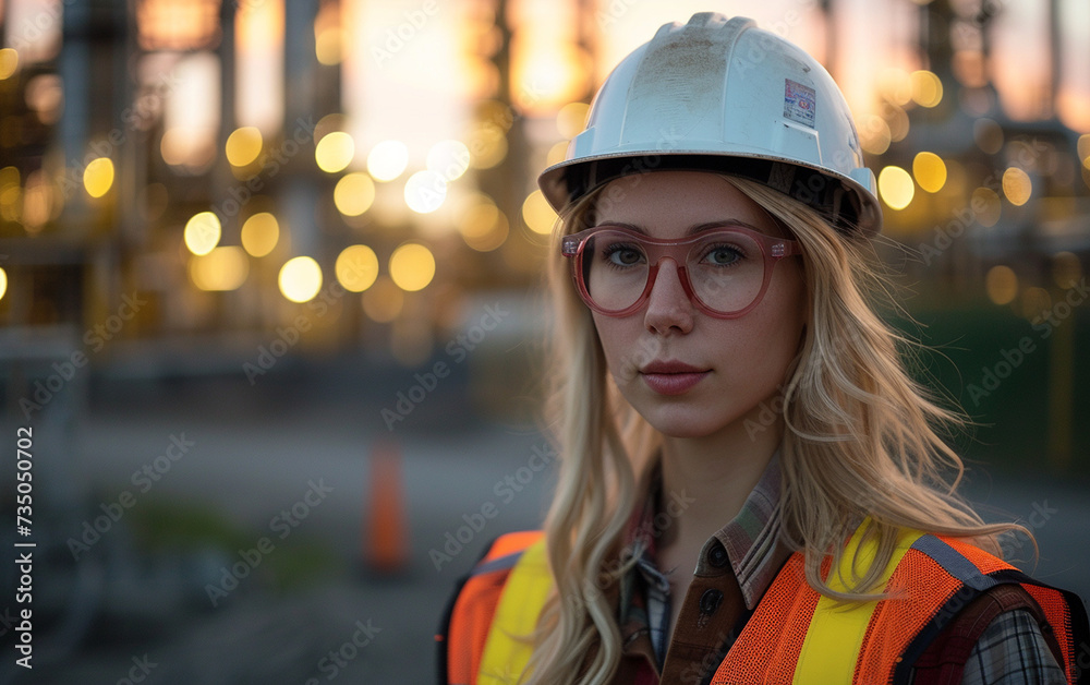 A multiracial woman confidently wears a hard hat and safety vest, ready for work in a construction or industrial setting.