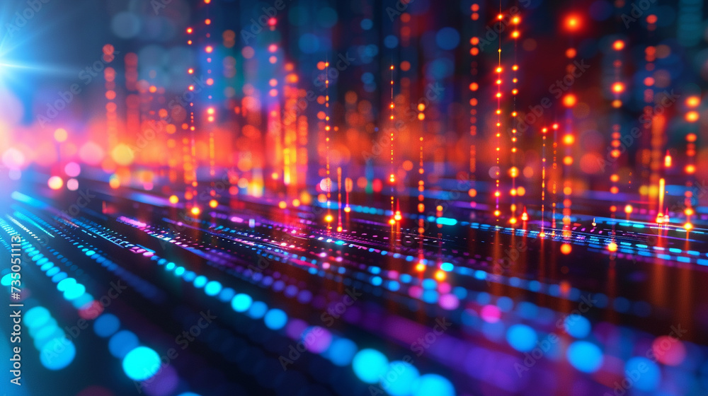 Abstract visualization of data being sifted and analyzed in a glowing hightech neonlit environment Abstract visualization of data being sifted and analyzed in a glowing hightech neonlit environment