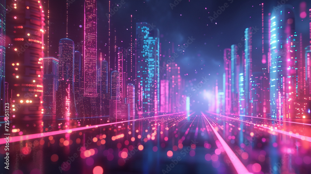 Abstract visualization of data being sifted and analyzed in a glowing hightech neonlit environment Abstract visualization of data being sifted and analyzed in a glowing hightech neonlit environment