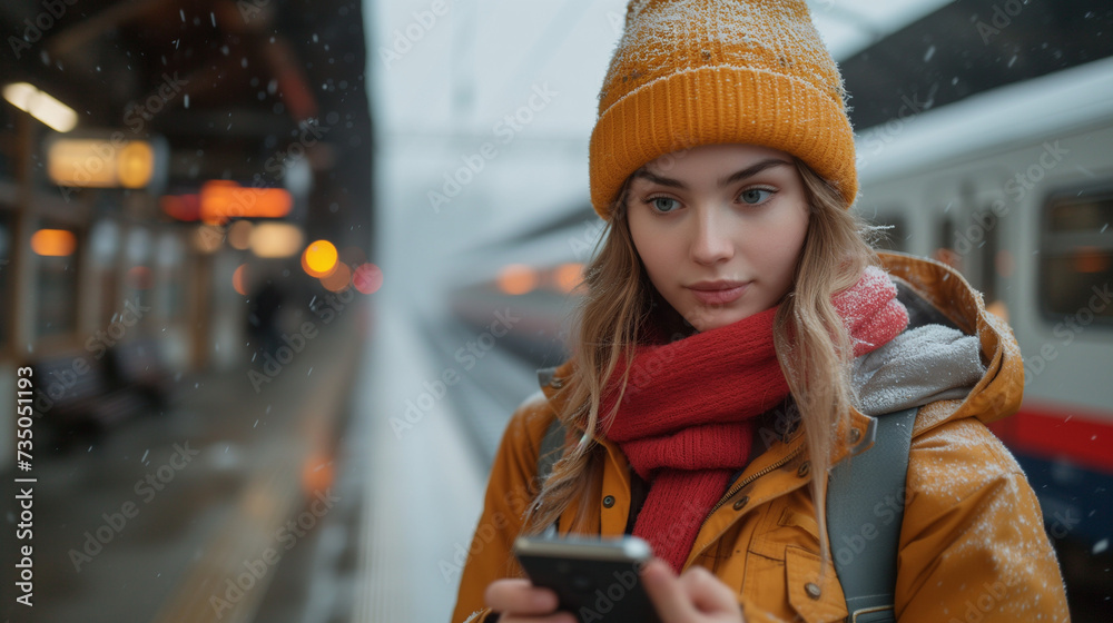 Obraz premium A Young woman standing on the platform of a train station consulting the mobile phone, Ai generated image