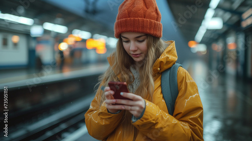 A Young woman standing on the platform of a train station consulting the mobile phone, Ai generated image