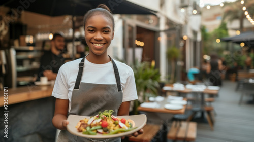 Confident African American Waitress Serving Dish, Summer Restaurant Patio