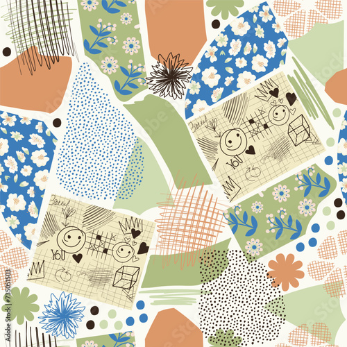 Abstract trendy creative universal seamless pattern, magazine collage style, Hand drawn hatchings design, sketch, manual art, neutral palette. Vector illustration.