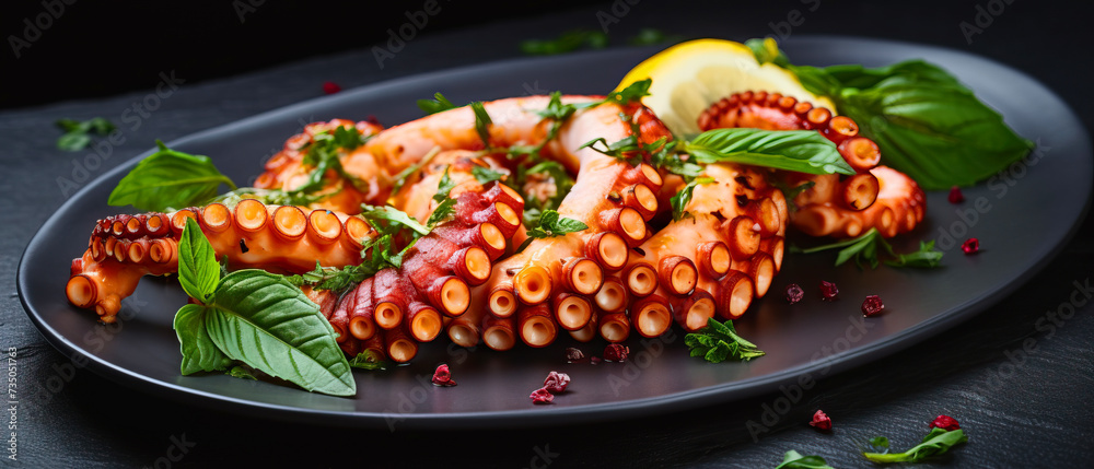 Seafood: A cooked octopus, an arthropod, on a cutting board.