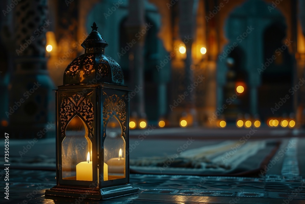Glowing Arabic Lantern: Candlelight Amidst the Night Sky. Ramadan Mubarak