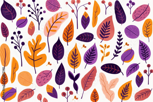 a bunch of different colored leaves on a white background with a white background and a purple and orange leaf pattern, generative ai