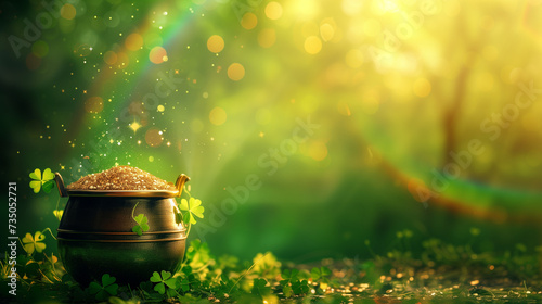 Pot of Gold with Rainbow and Clover Leaves on Green Background - Magical St. Patrick's Day Concept with Sparkling Glitter