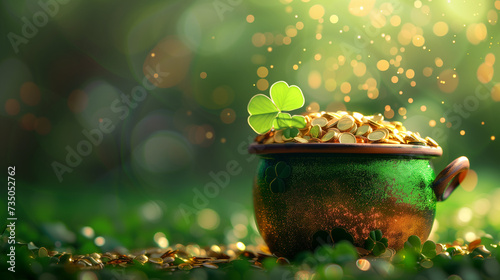 Pot of Gold with Rainbow and Clover Leaves on Green Background - Magical St. Patrick's Day Concept with Sparkling Glitter